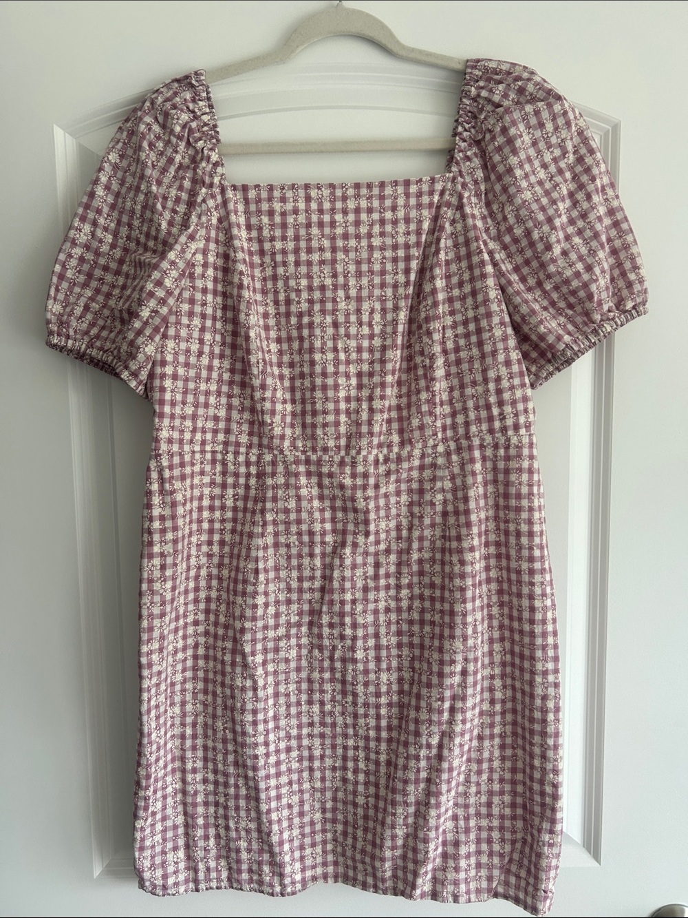 LOFT Pink and White Gingham Puff-Sleeve Mini Dress
